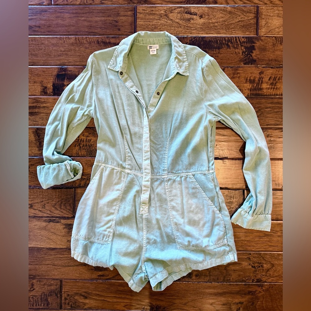 Billabong Sage Green Button-Up Shorts Romper